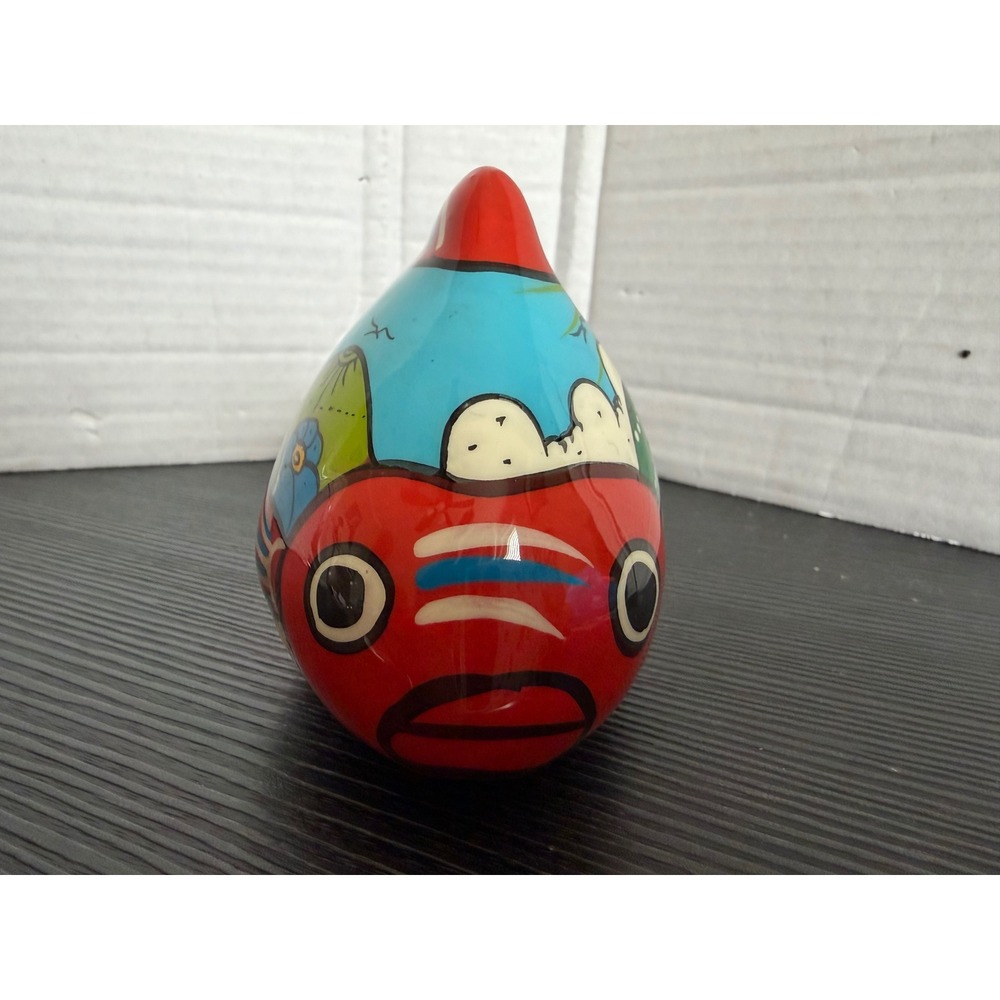 Mexican Folk Art Pottery Fish Figurine Hand Painted Village Scene Tonala Style - Picture 2 of 6